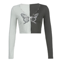 Grey V-Neck Butterfly Printing Slim Long-Sleeves