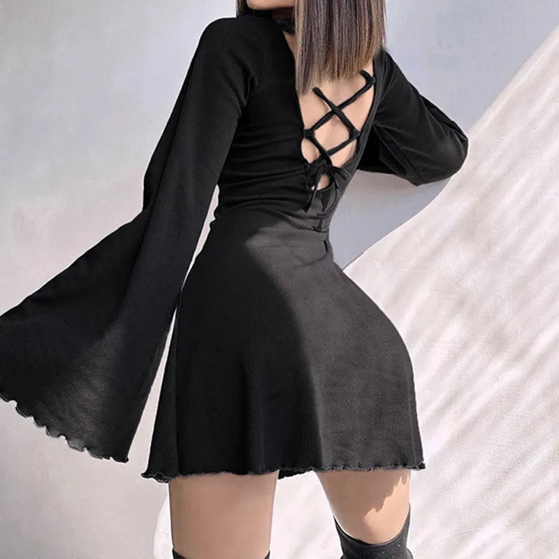 Backless Flare Sleeve Knit Lace-Up Dress