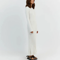 White Long Sleeve Knit Midi Dress