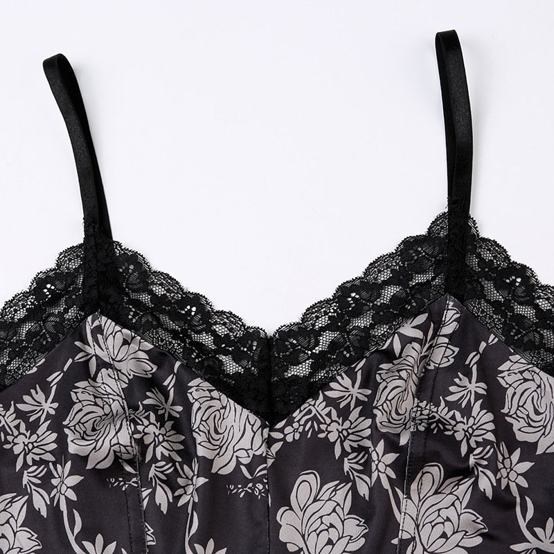 Gothic Black Flowers Printed  Lace Trim Top