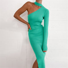Elegant Side Slit Hem Knitted Evening Party Dress Sexy Solid Color Halter One-Shoulder Long Sleeve Long Dress Fall Winter