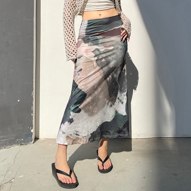 Vintage Graphic Printed Low Waist Long Skirt