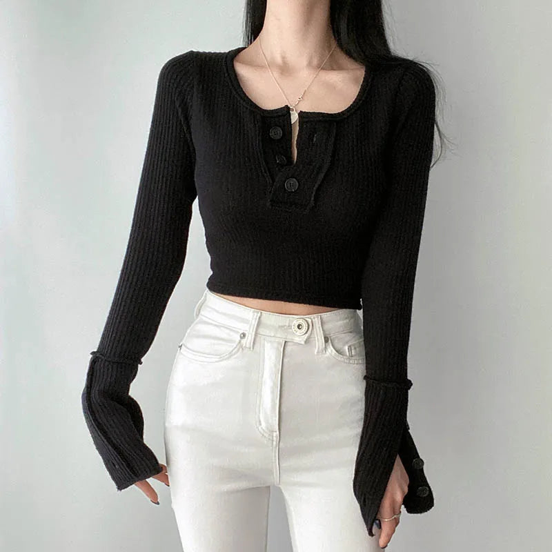 Basic Buttons Long Sleeves Crop Knit Top