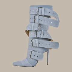 Mid-Calf Buckle Strap Stiletto Boots