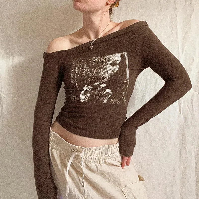 Vintage Brown Graphic Printed  Pullover Top