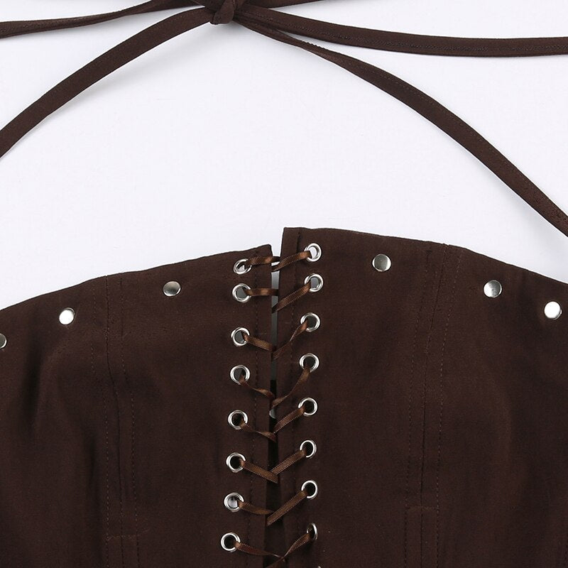 Brown Backless Sleeveless Halter Top