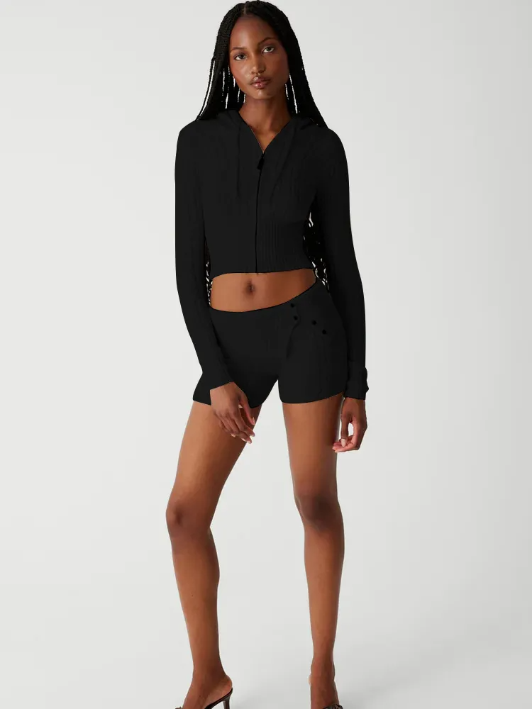 Black Two-Piece Knit Sweatsuit Shorts Set