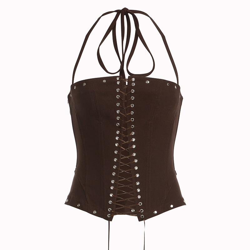 Brown Backless Sleeveless Halter Top