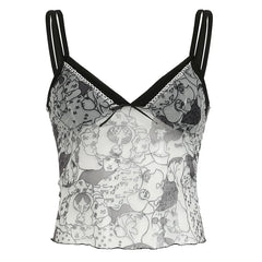 Vintage Cartoon Printing Patched Mesh Top