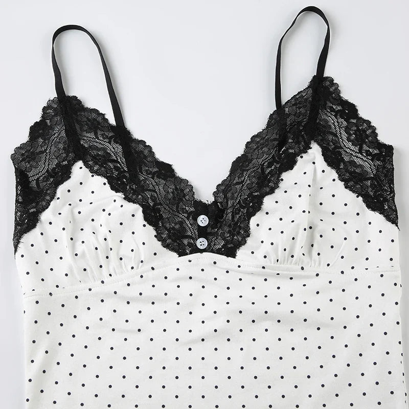 Vintage Polka Dot Lace Trim Strap Top