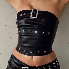 Black PU Leather Belt Sexy Top