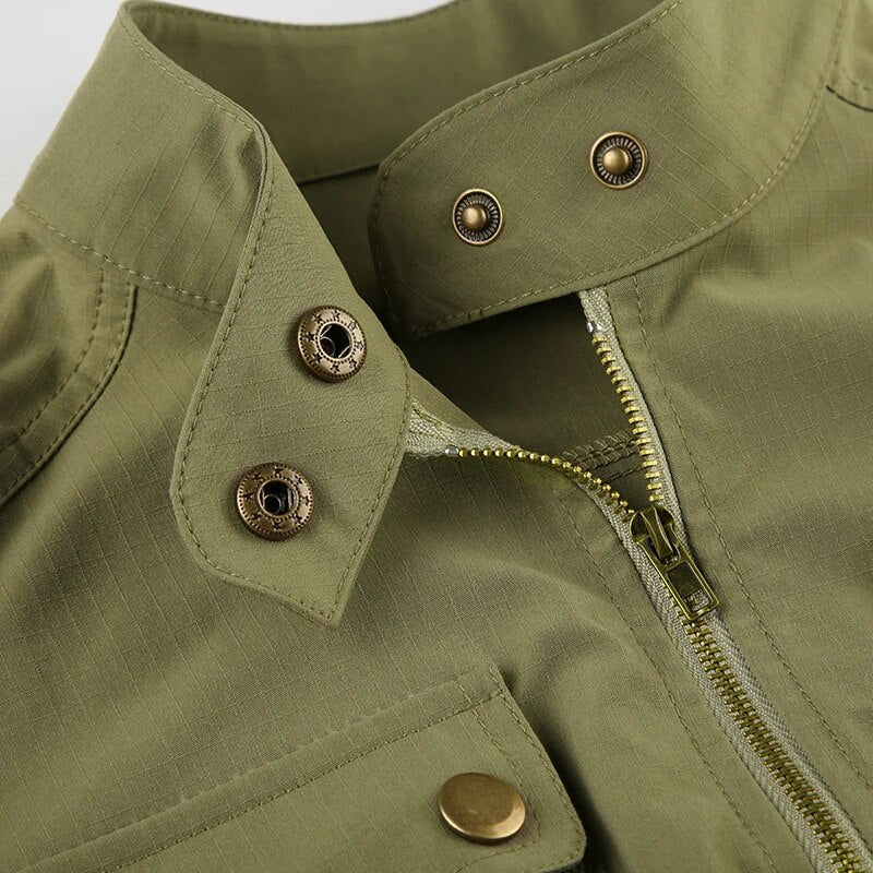 Army Green Stand Collar Zip Up Pockets Coat