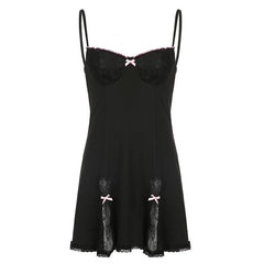 Y2K Retro Lace Patchwork Strap Bow Black Dress Mini Fashion Aesthetic Bow Club Party Sexy Dresses For  Outfits