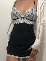 V Neck Patchwork White Lace Sleeveless Mini Dress Summer Bodycon Short Dresses  Skinny Party Club 90S