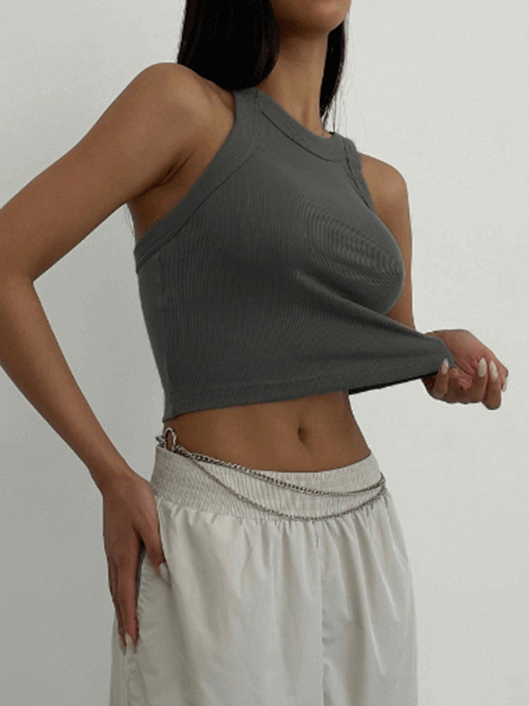 Round Neck Backless Slim Cropped Top