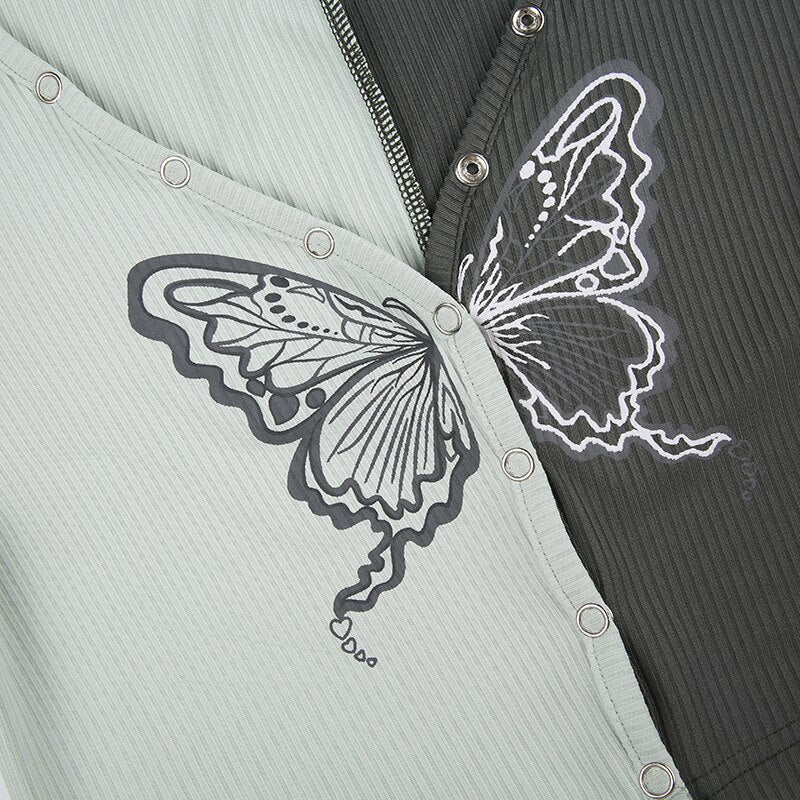 Grey V-Neck Butterfly Printing Slim Long-Sleeves