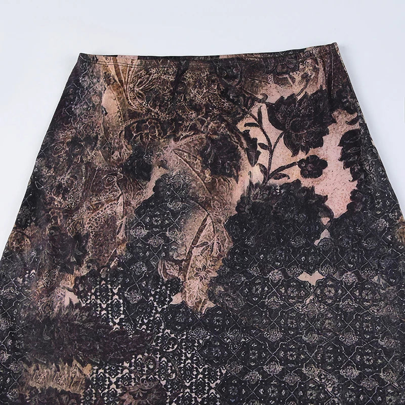 vintage Graphic Flowers Printing Midi Skirt