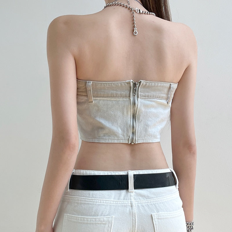 Streetwear Cargo Style Strapless Denim Top