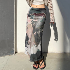 Vintage Graphic Printed Low Waist Long Skirt