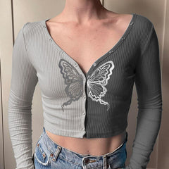 Grey V-Neck Butterfly Printing Slim Long-Sleeves