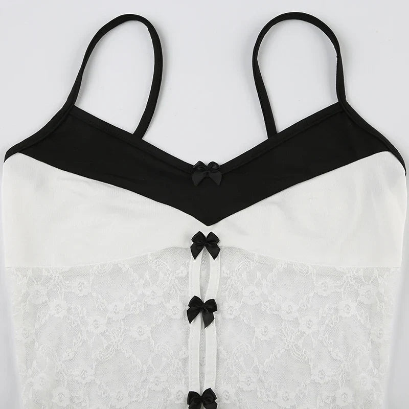 White Lace Patchwork Bow Sexy Bodysuit