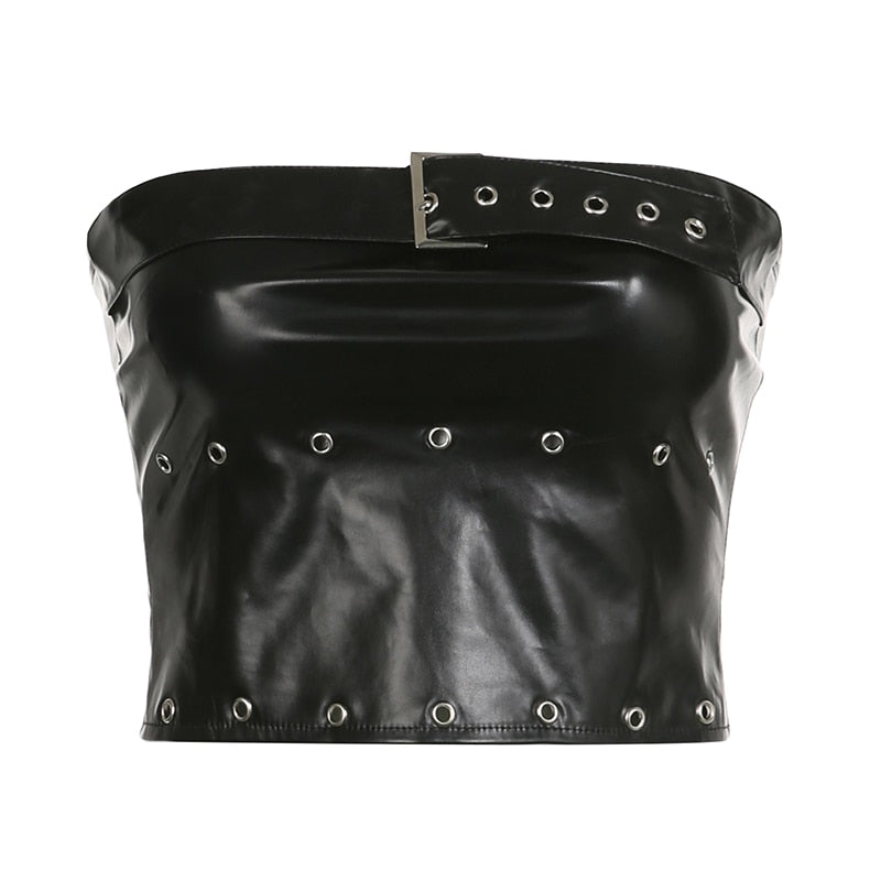 Black PU Leather Belt Sexy Top