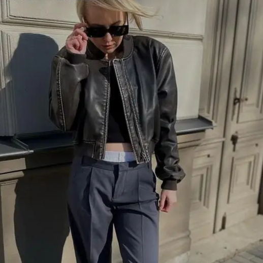 Brown Leather Bomber Jacket
