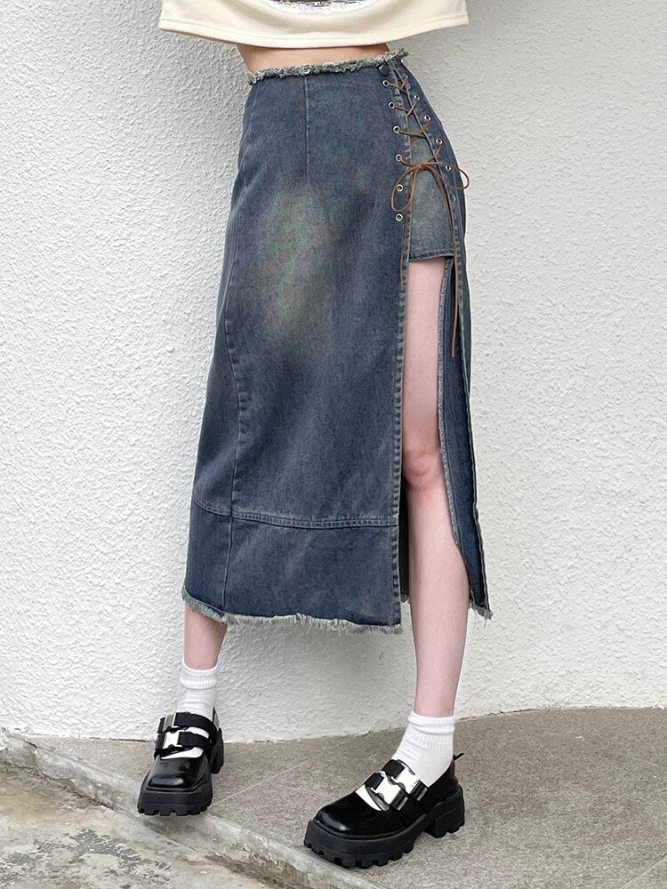 Asymmetrical Lace Side Split Denim Long Skirt