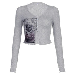 Vintage Grey Graphic Printed Frill Slim Top