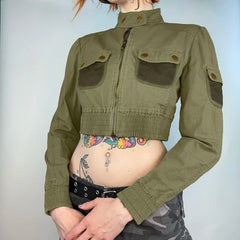 Army Green Stand Collar Zip Up Pockets Coat