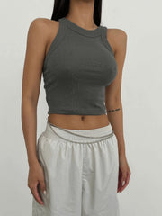 Round Neck Backless Slim Cropped Top