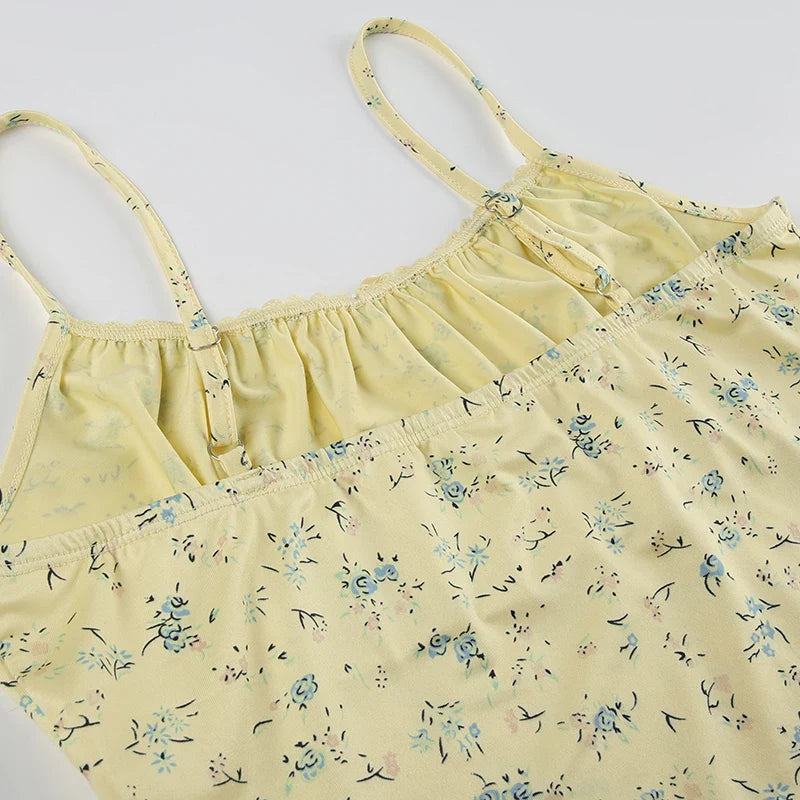 Yellow Bow Small Flowers Printing Mini Dress