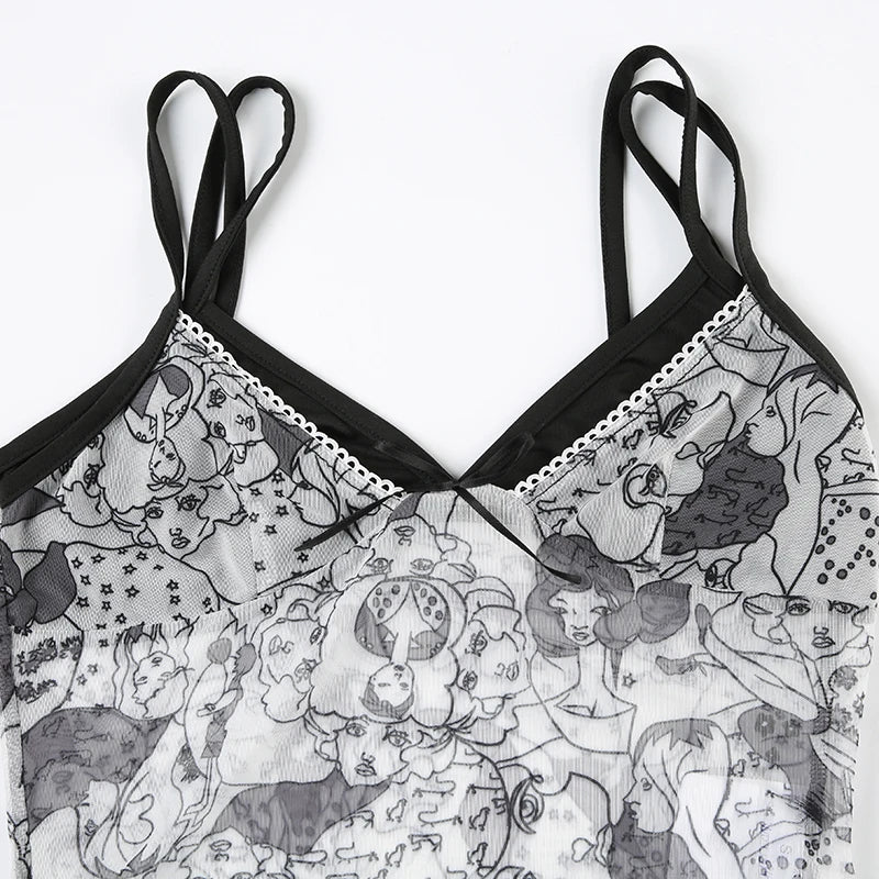 Vintage Cartoon Printing Patched Mesh Top