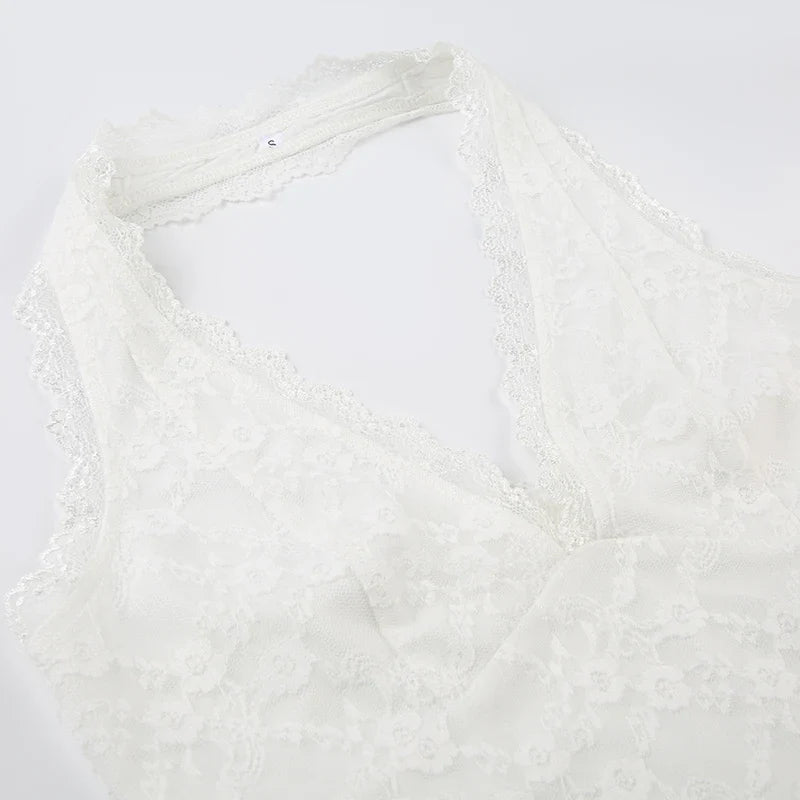 White Lace Halter Sleeves Backless Top