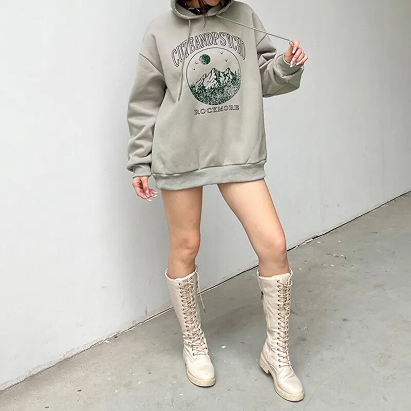 Grey Printed Graphic Long Pullover Hoodie