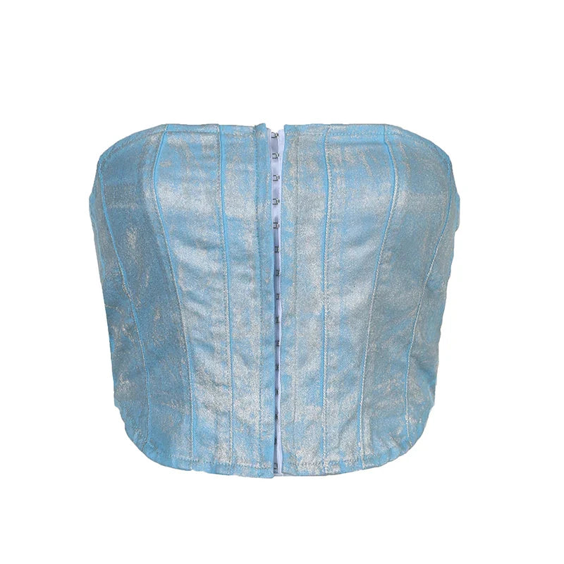 Elegant Strapless Corset Denim Backless Top