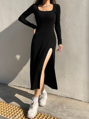 Black Long Velour Side Split Dress