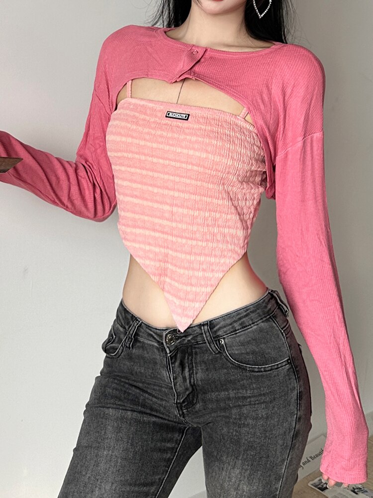 Pink Cropped Smock Top+Camis Tow Piece Set