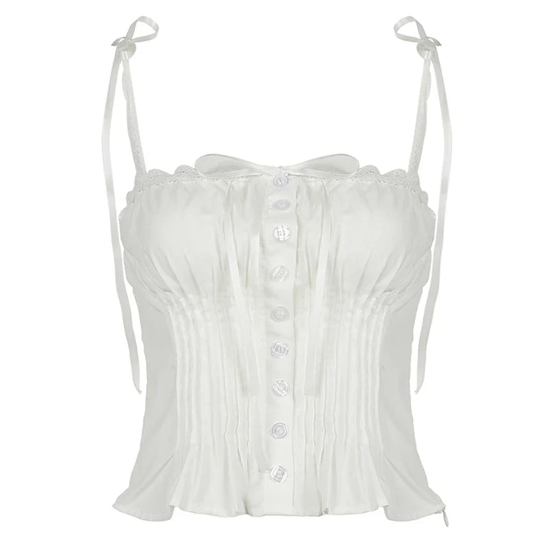 White Strappy Lace Trim Tie-Up Top