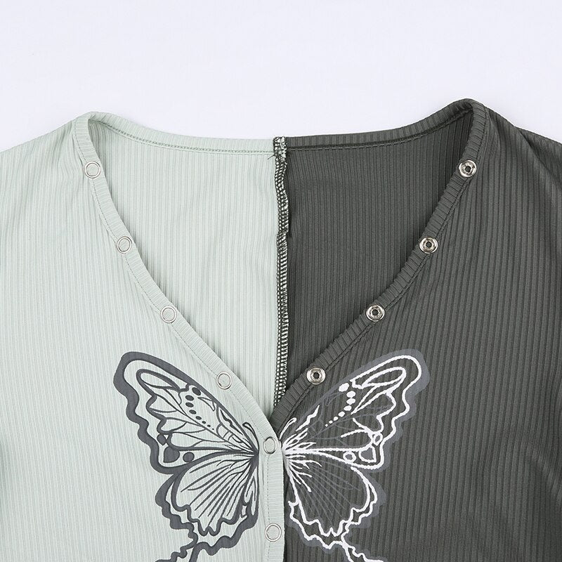 Grey V-Neck Butterfly Printing Slim Long-Sleeves