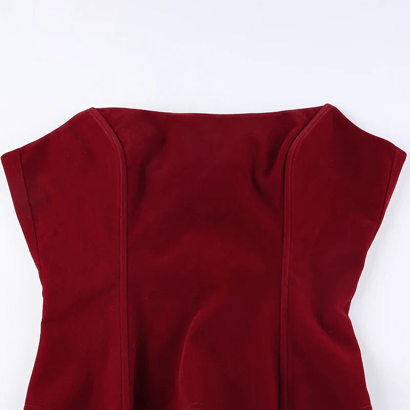 Red Strapless Velour Lace Up Corset Top