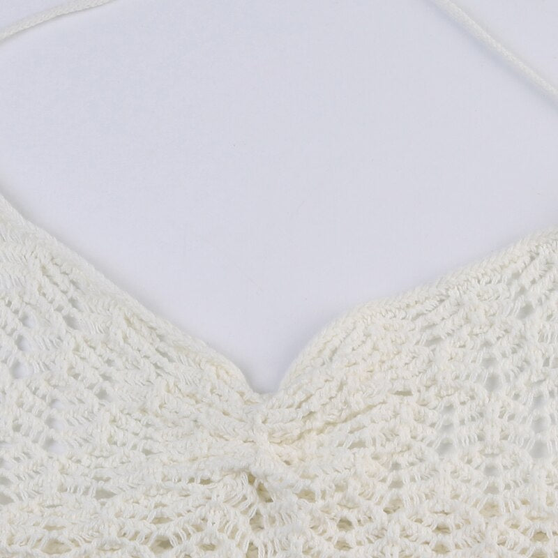 White Knitted Crochet Backless See-though Top