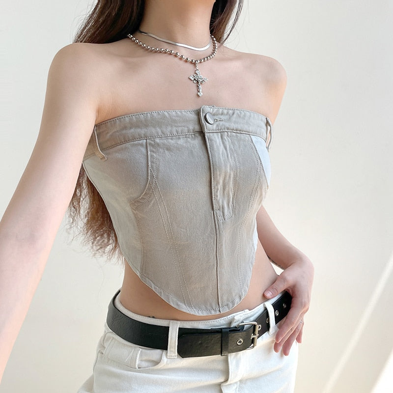 Streetwear Cargo Style Strapless Denim Top