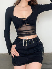 Gothic Square Neck Patchwork Slim Crop Top