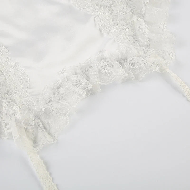 White Satin Lace Spliced Ruffles Crop Top