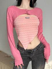 Pink Cropped Smock Top+Camis Tow Piece Set