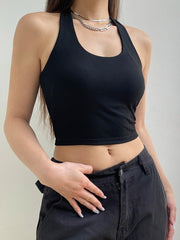 Round-neck Fitness Black Halter Backless Top