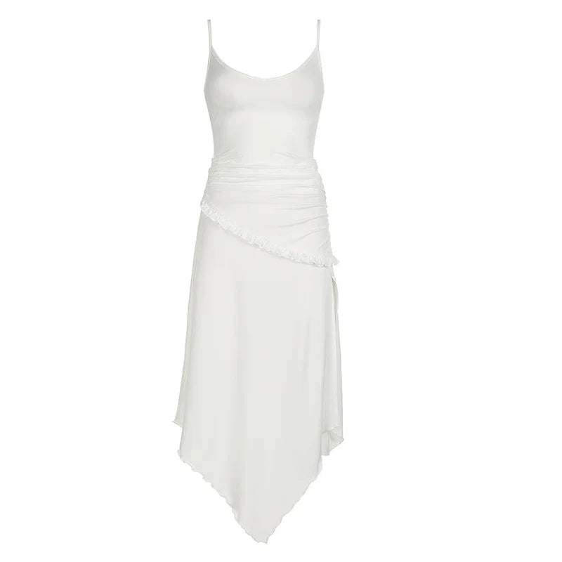 White Strap Asymmetrical Frill Long Dress