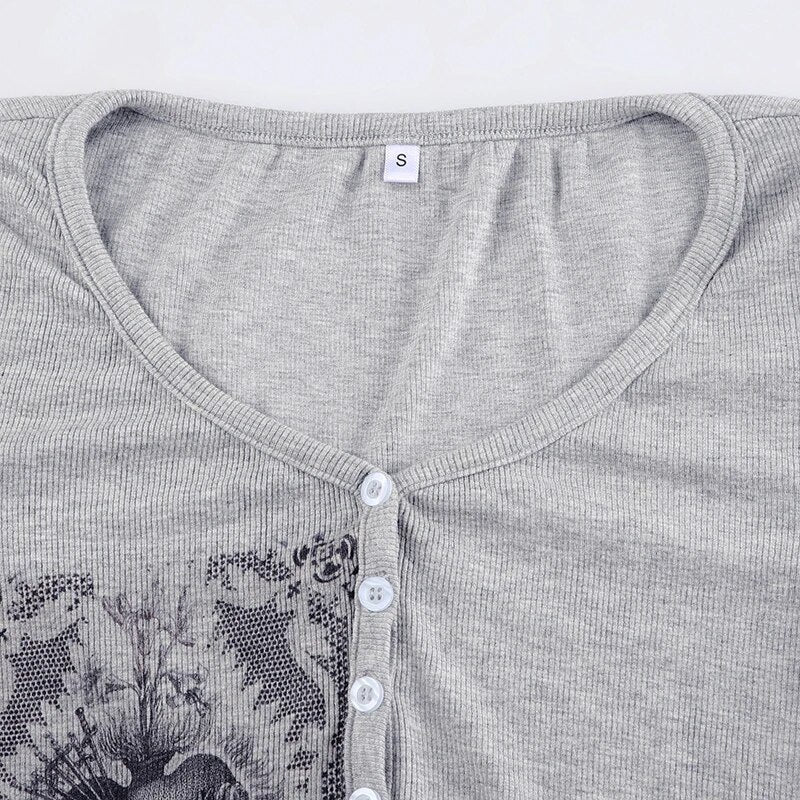 Vintage Grey Graphic Printed Frill Slim Top