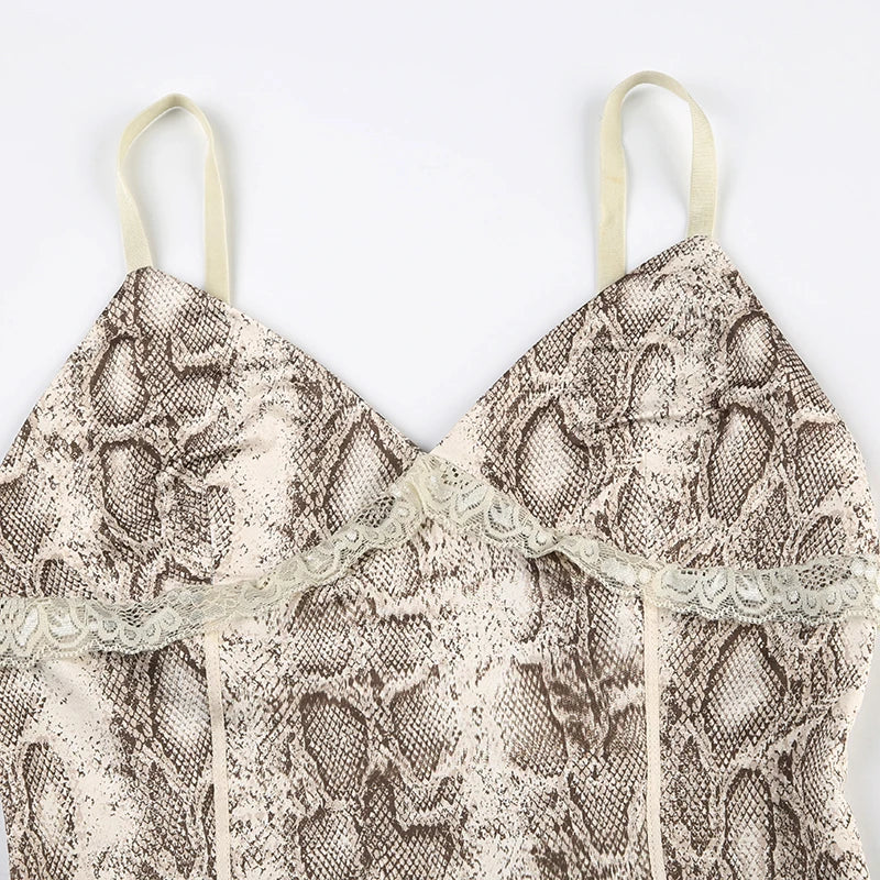 Vintage Snake Print Lace Patchwork Strap Top